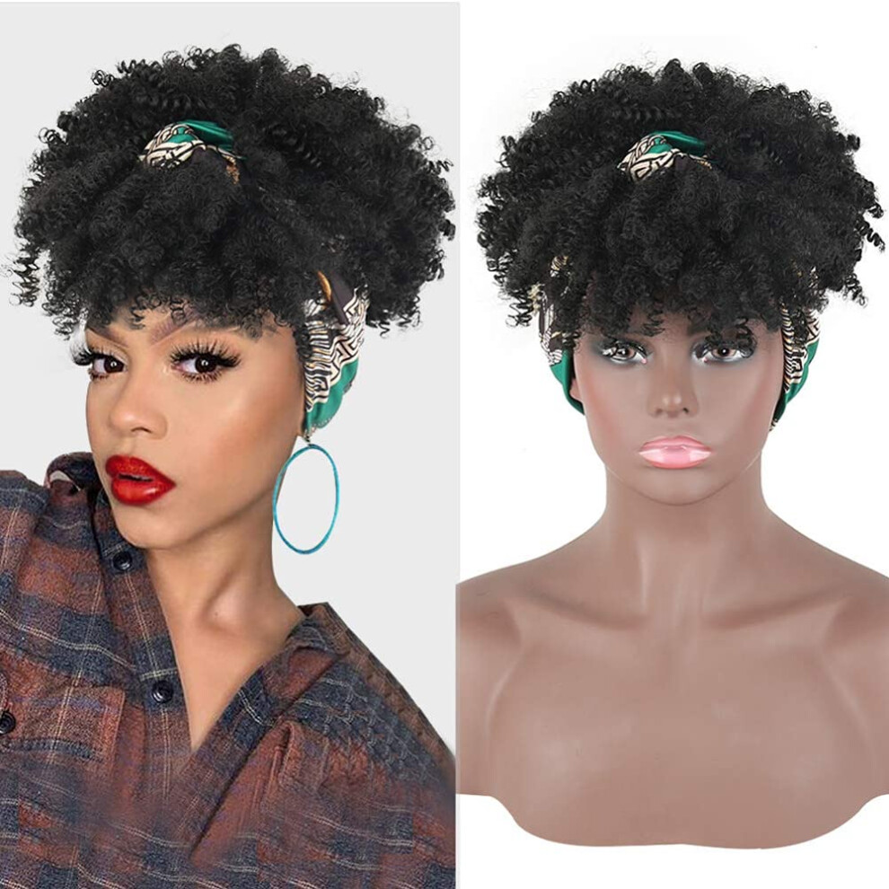 Unisex Black Afro Kinky Curly Headband Wig With Bangs For Women, Short Synthetic Natural Curls Adjustable Fit