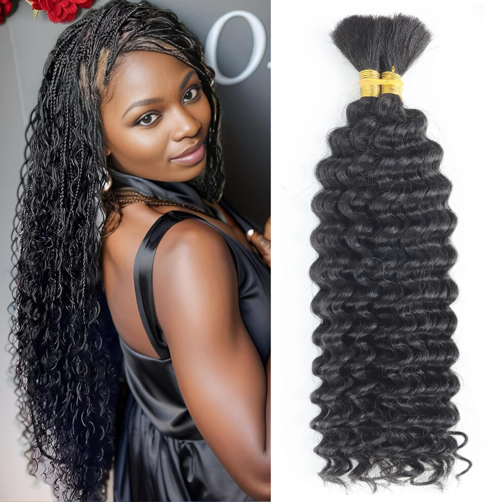 Unisex Deep Wave Brazilian Remy Braiding Hair Extensions 16Inch #1B Tangle Wet And Wavy Bundles