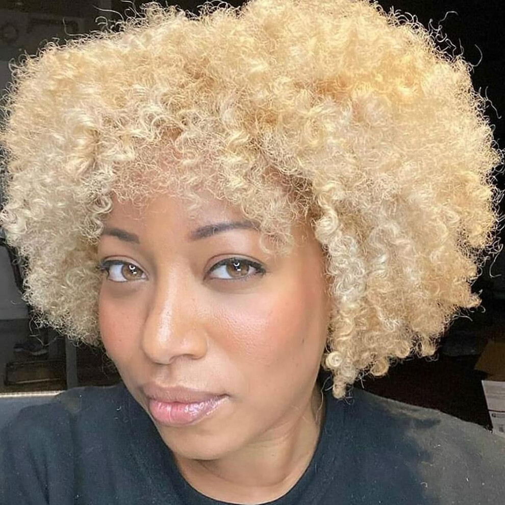 Unisex Short Honey Blonde Kinky Curly Human Hair Wig With Bangs Virgin Full Machine Made 613 Color