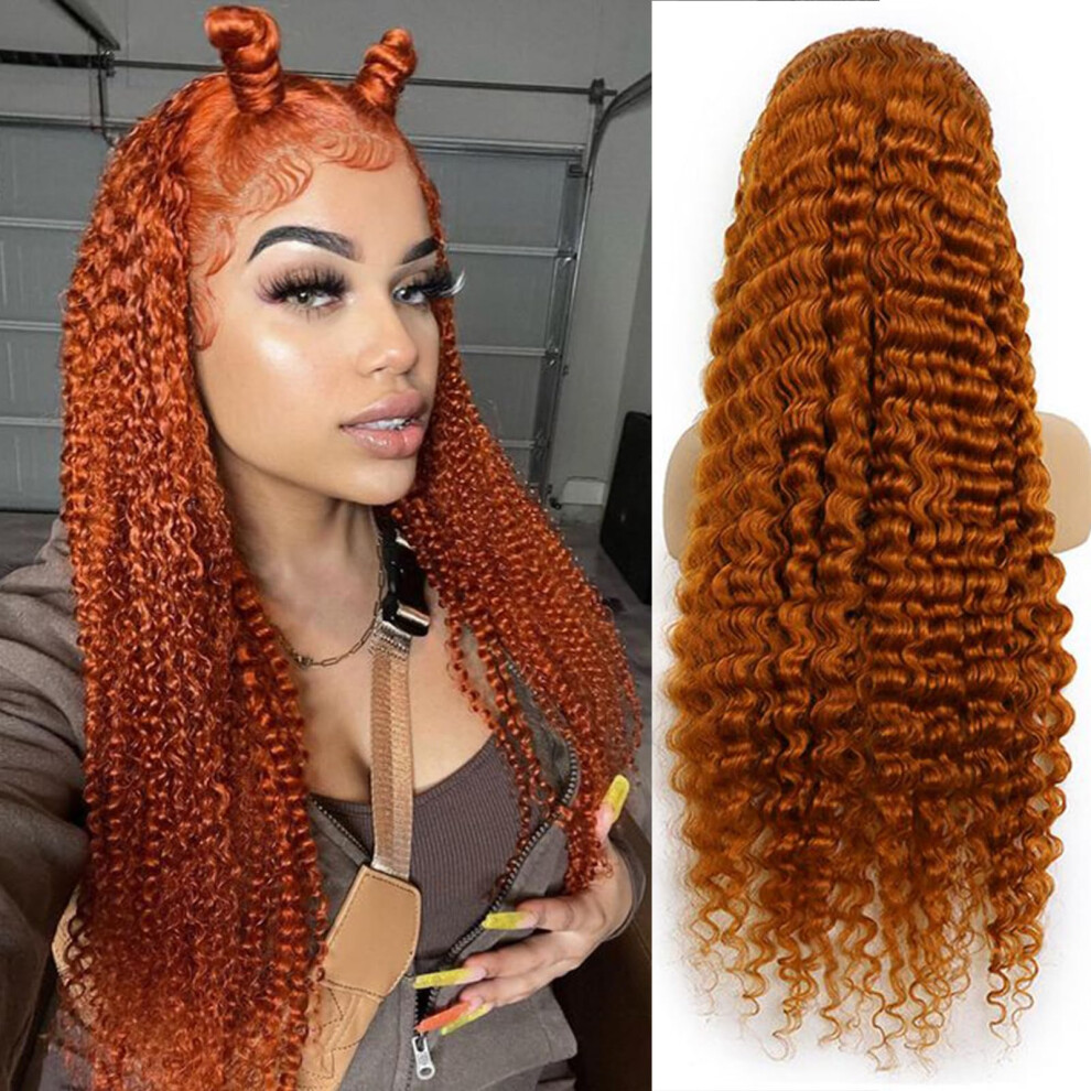 Human Hair Lace Front Wig Deep Wave 13x4 HD Lace Pre Plucked 350 Ginger Orange 30 Inch