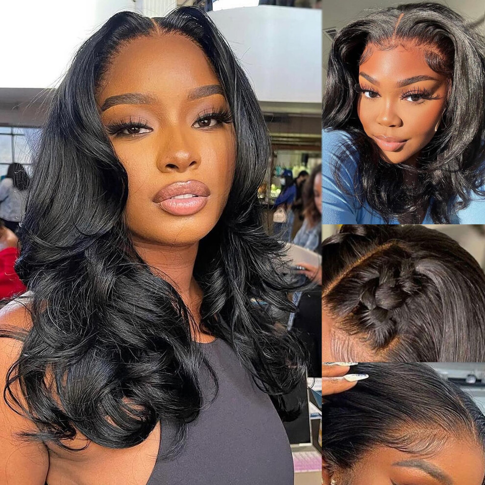 Unisex Black Bob Lace Front Wig Synthetic Body Wave 4X4 Lace Closure Pre Plucked Glueless Natural Hairline