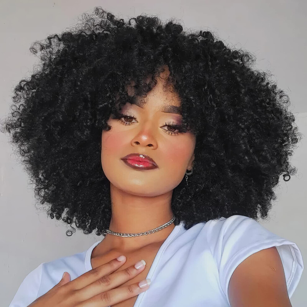 Unisex Black Short Kinky Curly Afro Wig With Bangs For Women, Heat Resistant Synthetic Hair
