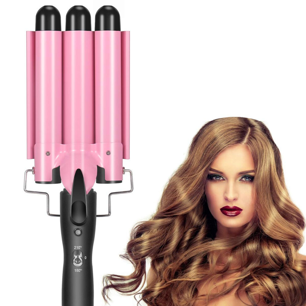 Triple Barrel Curling Iron 1 Inch Ceramic Tourmaline Beach Waves Hair Curler Fast HeatUp Pink