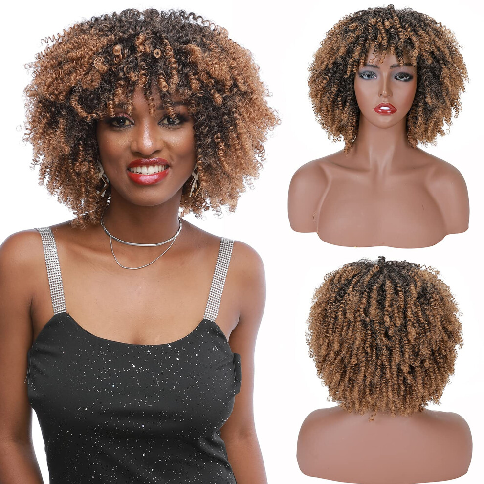 Ombre Short Afro Curly Wig for Black Women with Bangs, Heat Resistant Synthetic Hair, Natural Look