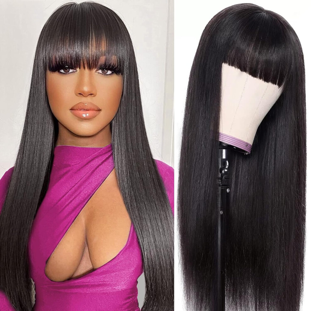 Unisex Black Human Hair Wig With Bangs Glueless Straight Brazilian Virgin Hair 150% Density For Women 26Inch