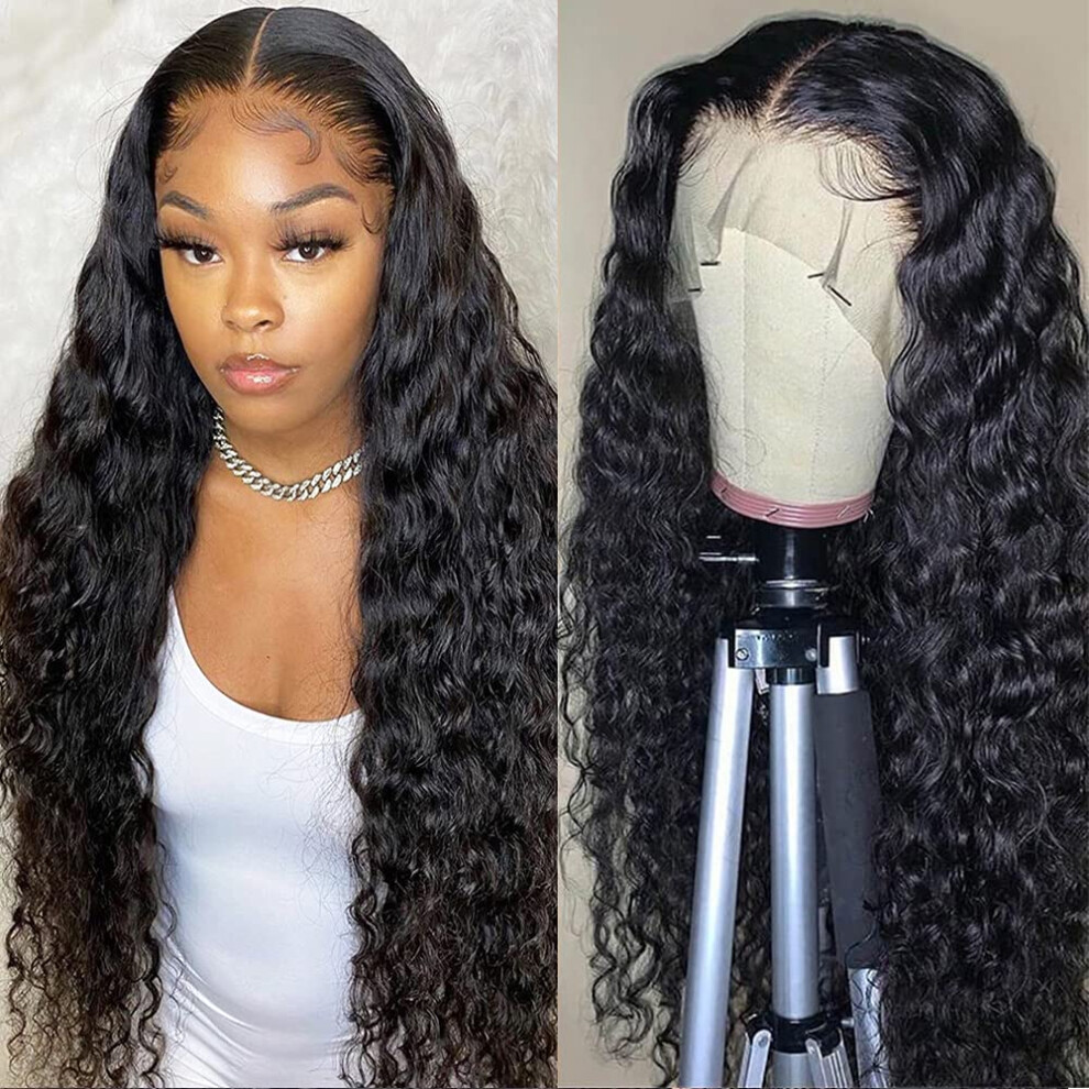 Unisex Water Wave Human Hair Lace Front Wig 13X4 150% Density Wet And Wavy Natural Hairline 30 Inch