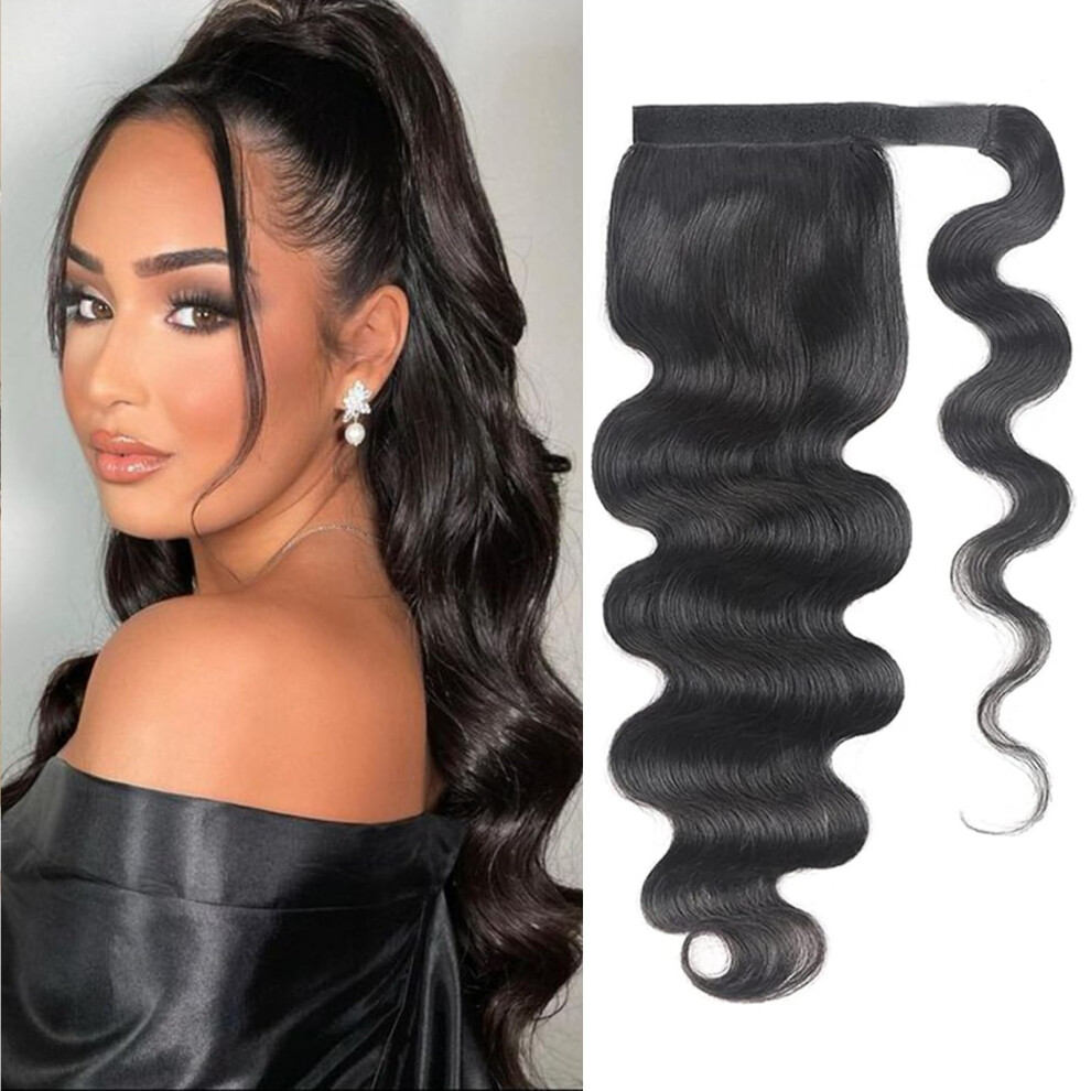 Unisex 16 Inch Body Wave Human Hair Ponytail Extension, Natural Color Brazilian Virgin Hair Clipin