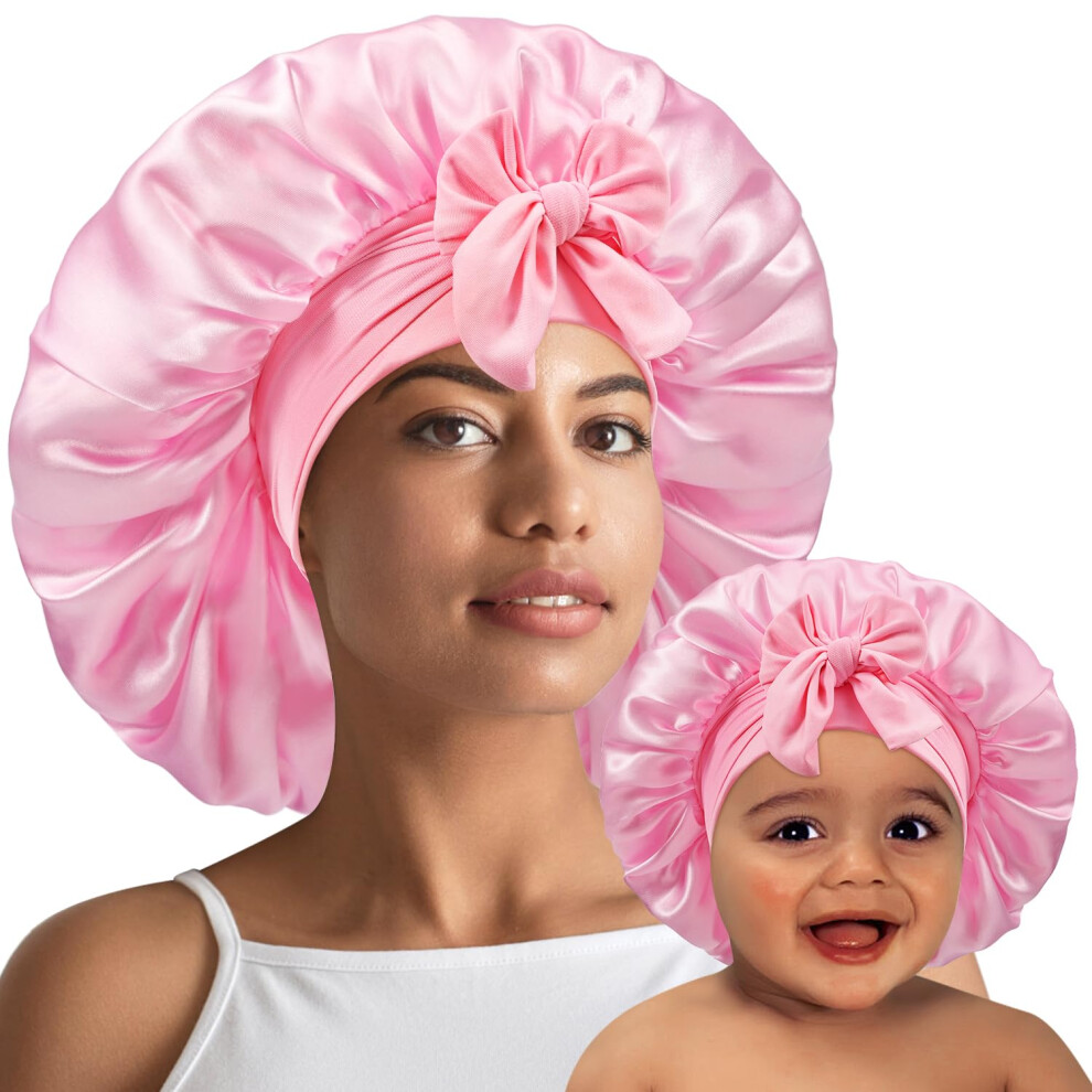 Pink Mommy And Me Satin Bonnet Set Adjustable Silk Hair Caps For Sleeping Frizz Reduction