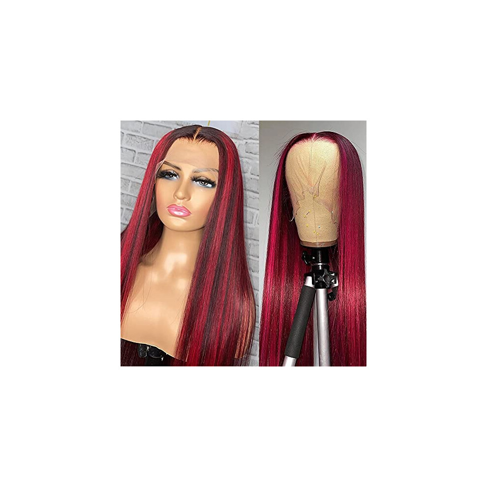 Unisex Black,Red Red Ombre Human Hair Lace Front Wig 13X4x1 T Part 99J Burgundy Straight 18 Inch PreâPlucked Baby Hair Natural Hairline 130% Density For Black Women
