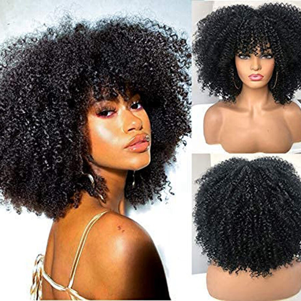 Afro Curly Wig Shoulder Length with Bangs Heat Resistant Synthetic Lace Front Natural Look