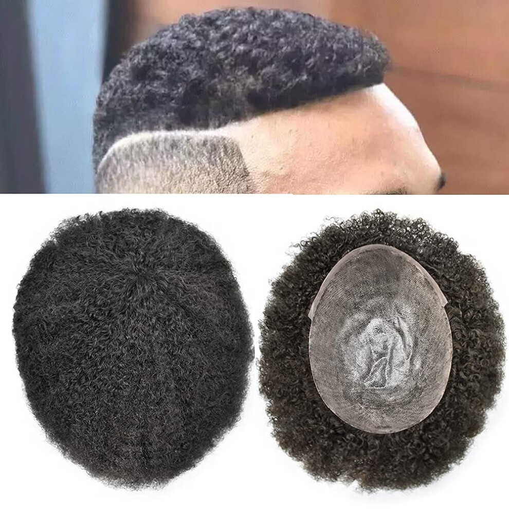 Unisex Black Afro Curly Human Hair Toupee For Men 8X10 Injected Pu Skin Wavy Hairpiece Natural Indian Hair #1B