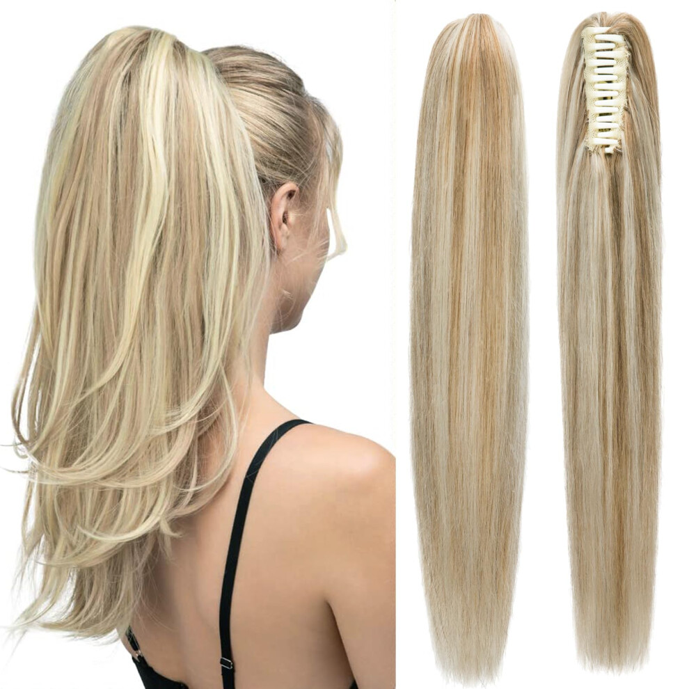 Human Hair Ponytail Extension with Secure Claw Clip, 18in Long Straight Balayage Blonde
