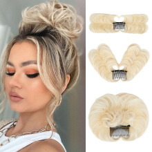 Bleach Blonde Messy Bun Hair Piece Synthetic Wavy Clip In Hair Bun with 360 Adjustable Comb