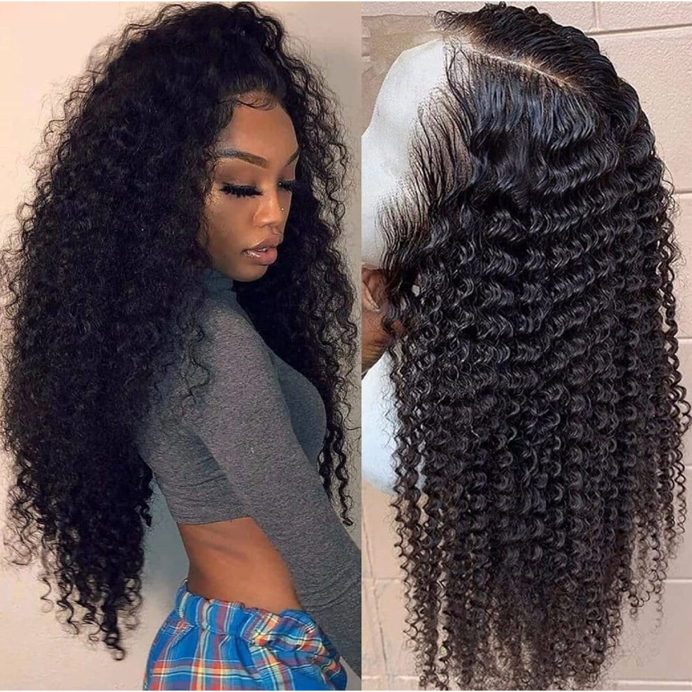 Unisex Black 20 Inch Kinky Curly Lace Front Human Hair Wig 150% Density Pre Plucked Glueless For Women