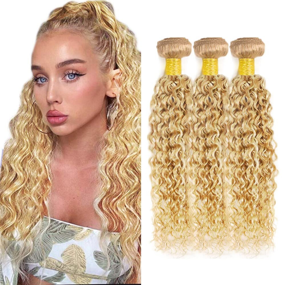Unisex 34 Inch Honey Blonde Kinky Curly Human Hair Bundles Brazilian Virgin Remy Extensions P27/613