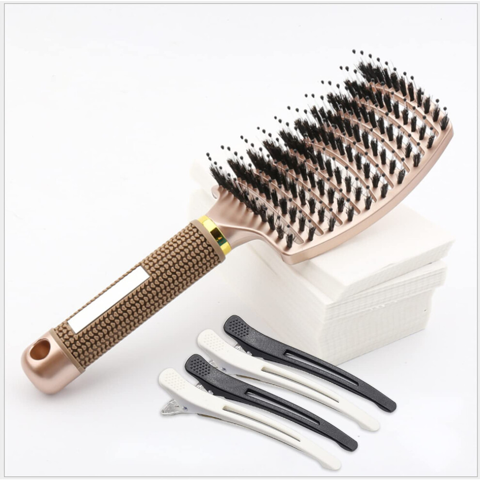 Hair Brush  Gold Vented Boar Bristle Curved Paddle for Fast Blow Drying, Tangle Removal, Scalp Massage