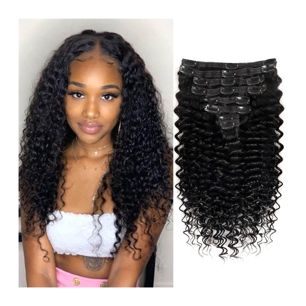 Unisex 24 Inch Kinky Curly Clip In Hair Extensions Human Hair #1B Full Head Brazilian Remy Natural Blend