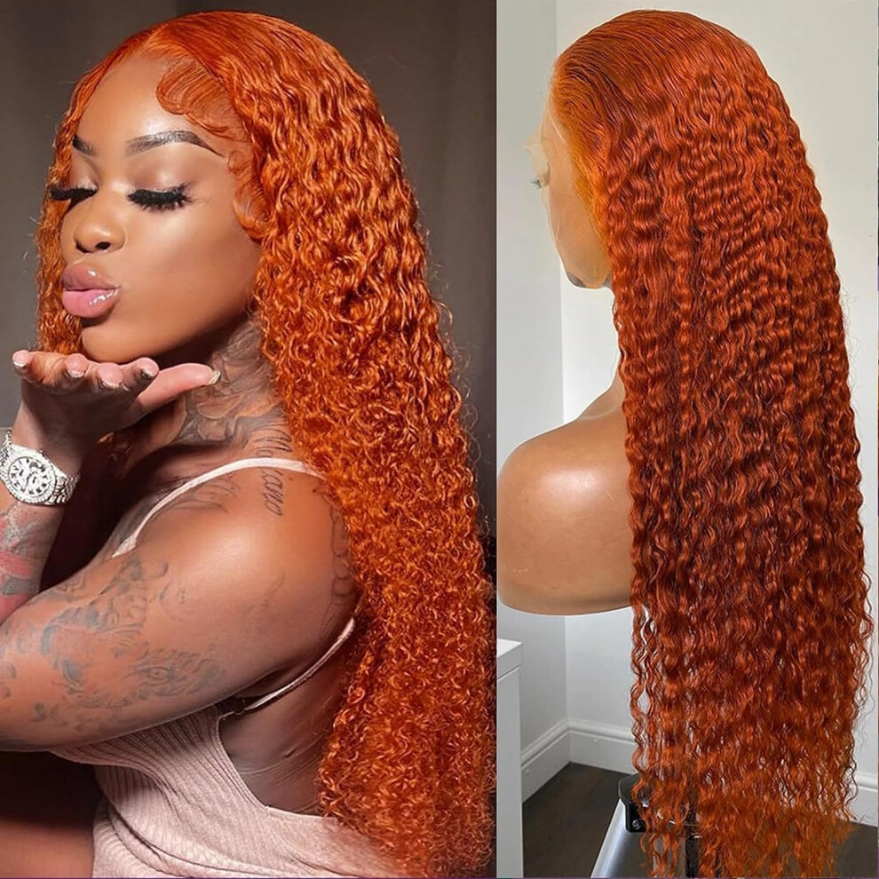 13x4 HD Lace Front Human Hair Wig Ginger Orange Curly Brazilian Deep Wave Glueless Preplucked 180% Density for Black Women 24 Inch