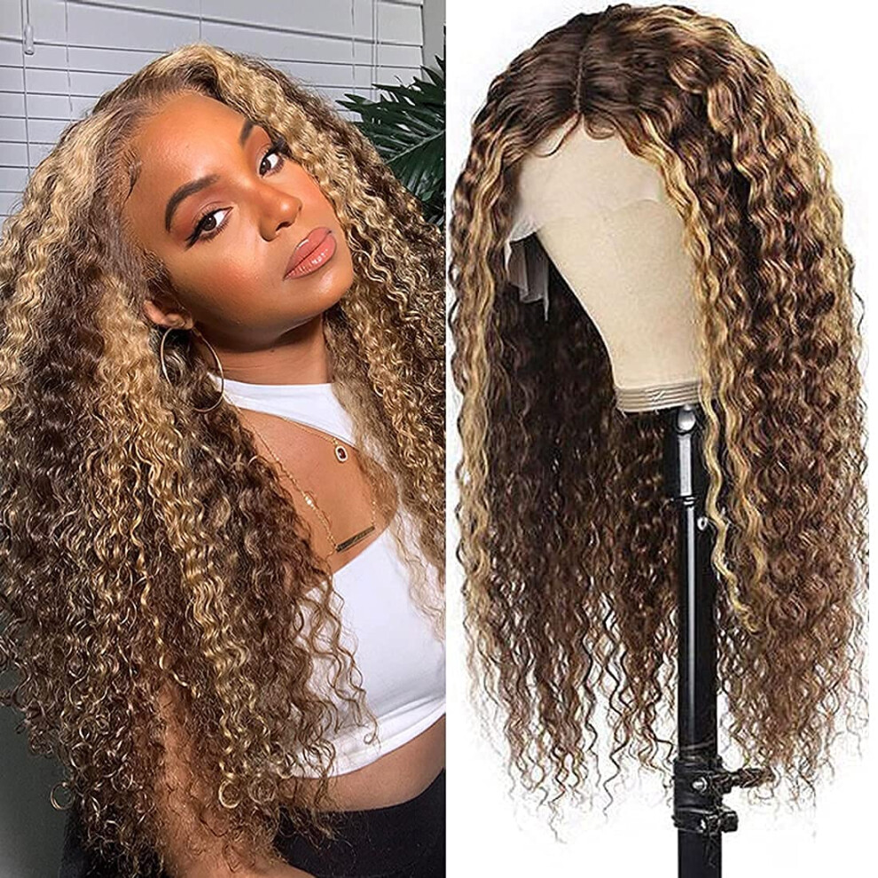 Unisex Honey Blonde Highlight Lace Front Wig 22 Inch Curly Brazilian Virgin Human Hair With Middle Part