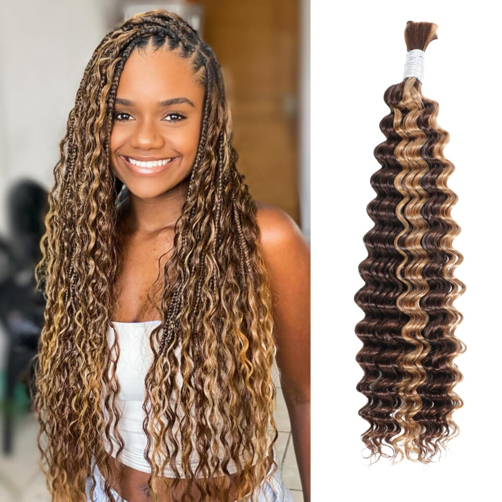 Unisex Light 16 Inch Honey Blonde Ombre Human Braiding Hair #4/27 Deep Wave Boho Braid Ready Tangle Bulk