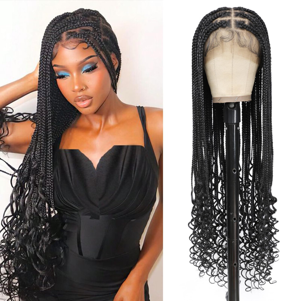 36 Inch HD Lace Front Box Braids Wig with Boho Curly Ends Knotless Style and Baby Hair