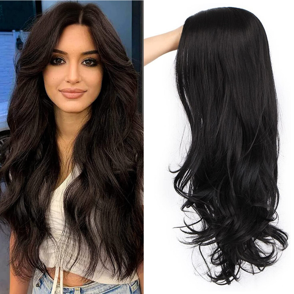 Unisex Black 25 Inch Long Wavy Synthetic Wig For Women, Heat Resistant Loose Wave Middle Part Hair