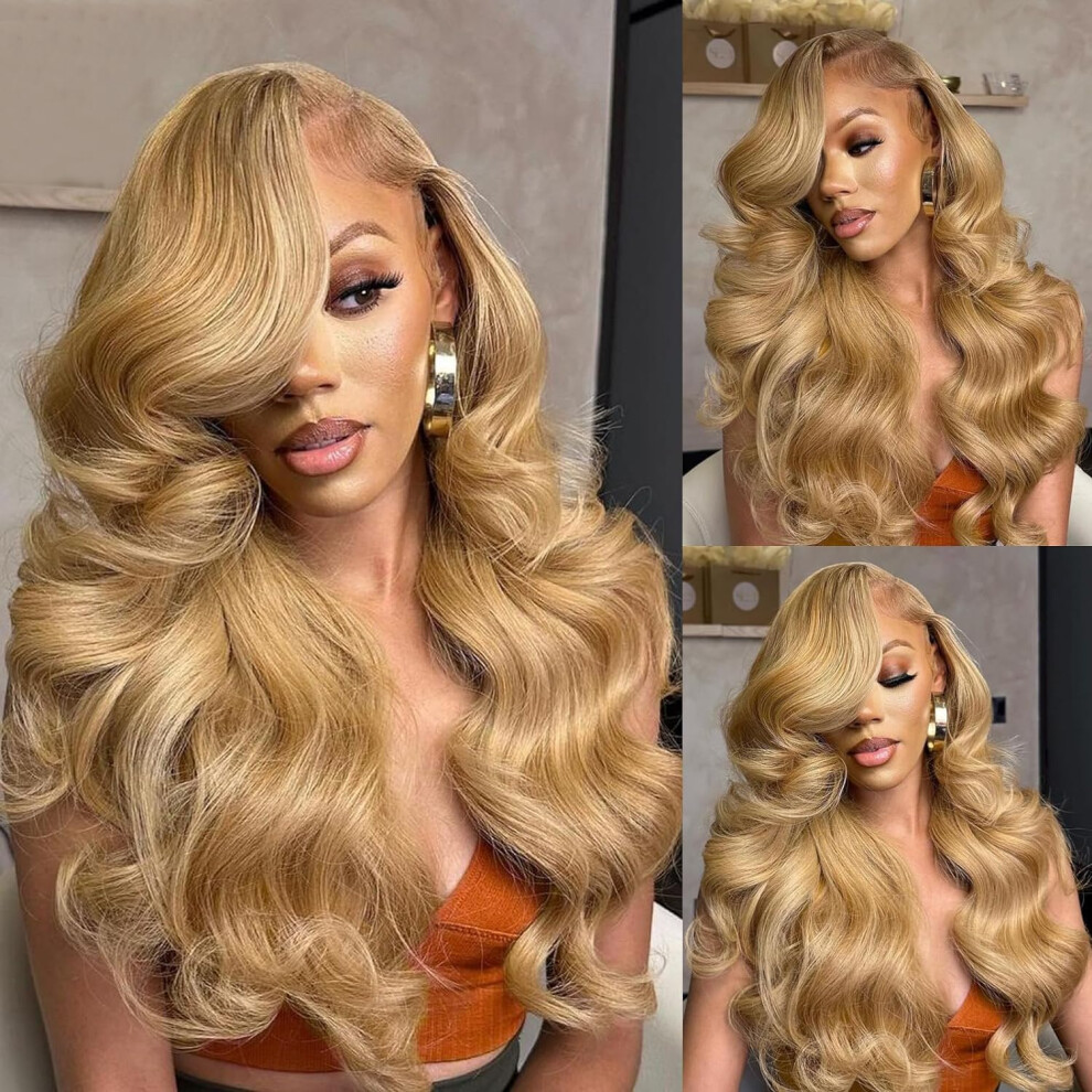 Unisex Honey Blonde Human Hair Wig 13X4 Hd Lace Front Body Wave 27# Glueless Natural Hairline 24 Inch
