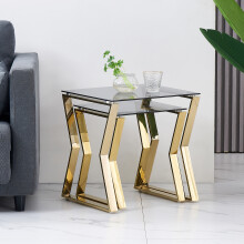 (Gold Leg+Blue Grey Clear Glass) Nested Coffee Table Set of 2, Stackable Side Tables
