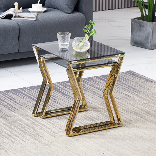 (Gold Leg+Blue Grey Clear Glass) Nested Coffee Table Set of 2, Stackable Side Tables 1