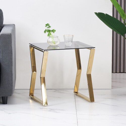 (Gold Leg+Blue Grey Clear Glass) Nested Coffee Table Set of 2, Stackable Side Tables 2
