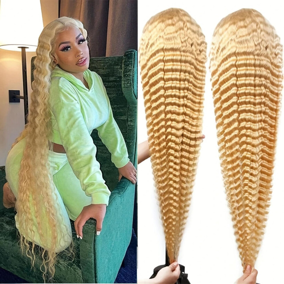 Blonde Human Hair Lace Front Wig 613 Deep Wave 4x4 HD Pre Plucked 200% Density for Black Women