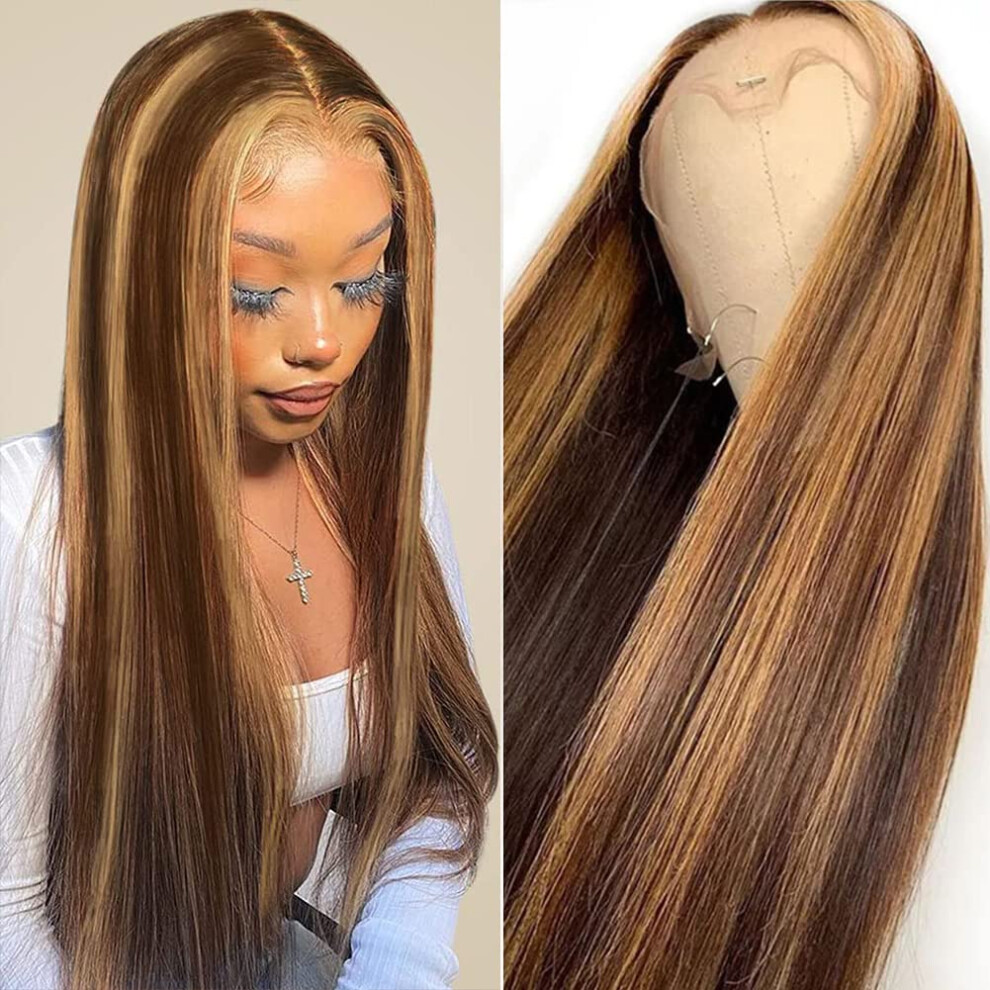 Unisex Brown Human Hair Lace Front Wig Glueless 13X4 Ombre Blonde 24 Inch Pre Plucked Brazilian Straight
