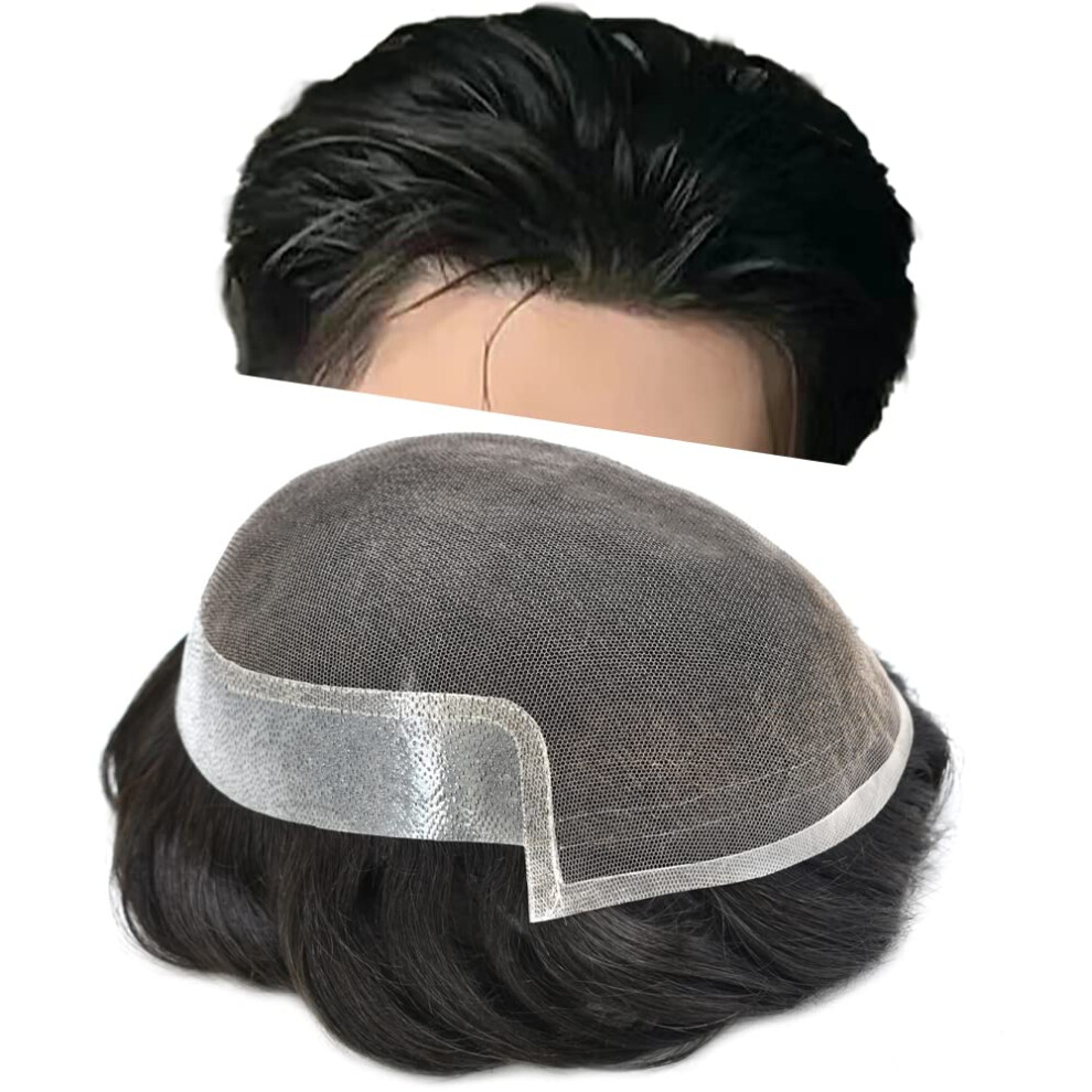 Unisex Black Mens Lace Toupee Human Hair Swiss Lace Front Hairpiece With Bleached Knots 8X10 Off
