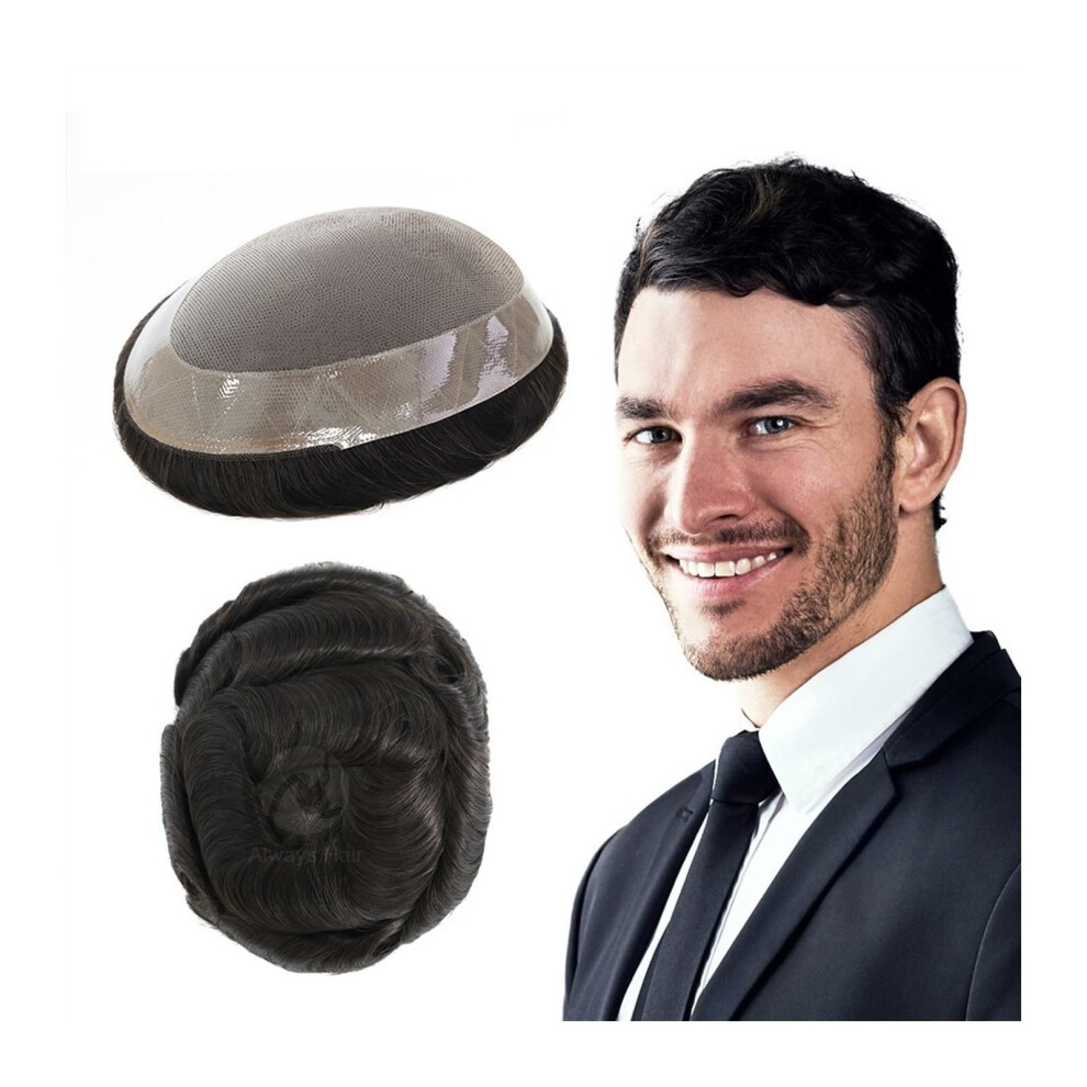Unisex Men's Toupee Remy Human Hair Wig 7X9 Fine Mono Base With Poly Perimeter Natural Hairline 130% Density