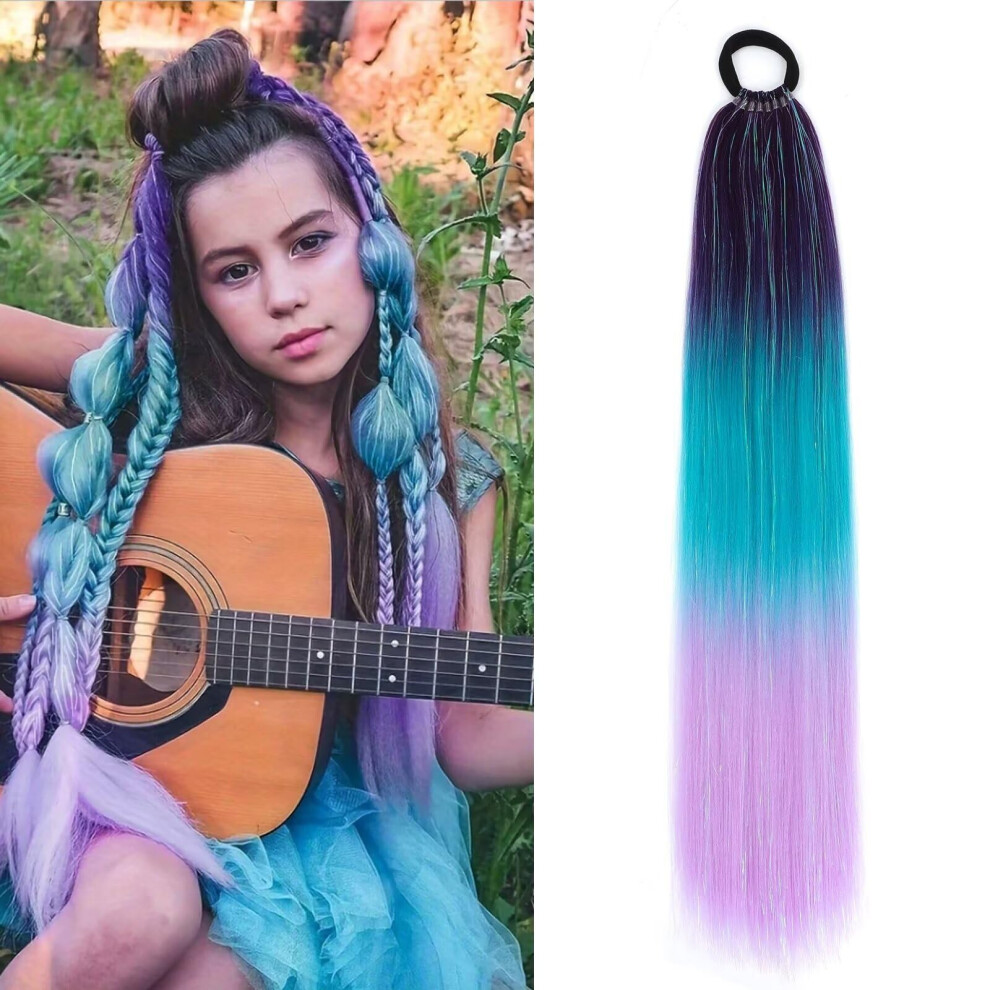 Unisex Dark/Purple/Blue 24 Inch Ombre Braided Ponytail Hair Extension With Glitter Tinsel Shine For Festival Styling