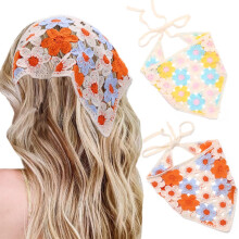2 Pcs Crochet Head Scarf with Floral Design, Knitted Triangle Hair Bandana with Adjustable Ties for Women and Girls