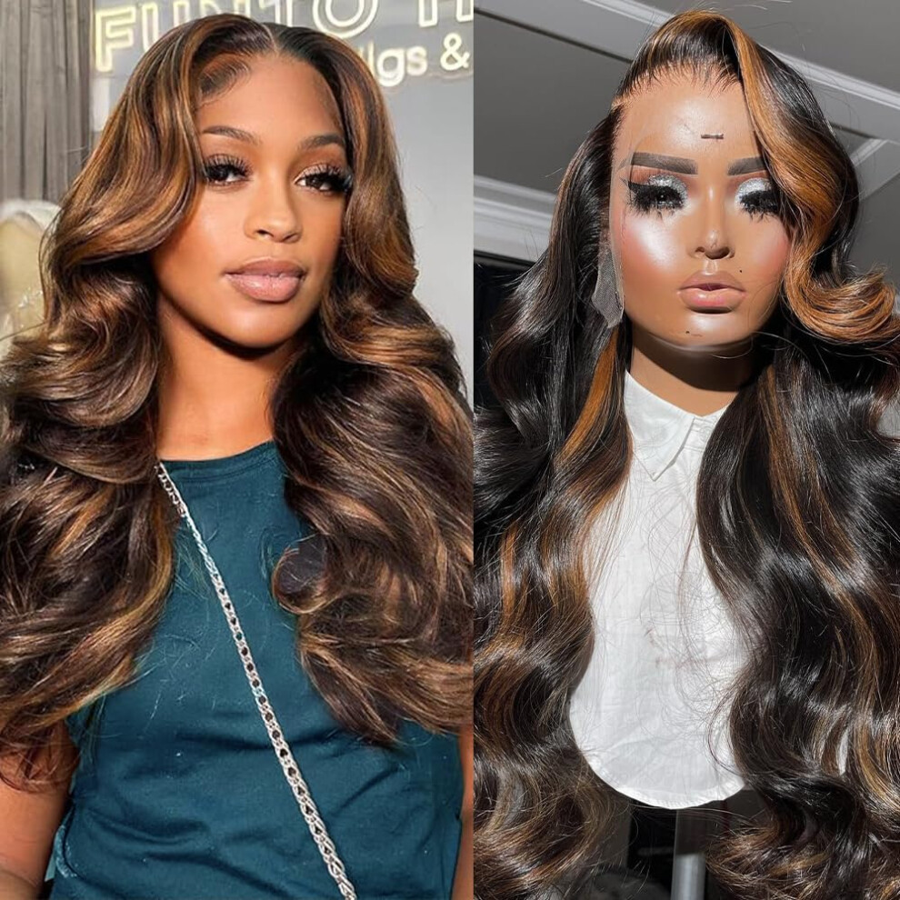 Unisex 32 Inch Human Hair Lace Front Wig Ombre Body Wave 13X4 Pre Plucked Invisible Hairline
