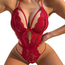 Lace Teddy Lingerie For Women Deep V Neck Hollow Out Design Crotchless Bodysuit Strappy Detail Underwire Support Lace Up Front Adjustable Straps For