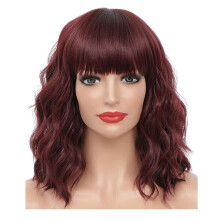 Wine Red Wavy Bob Wig with Bangs, Heat Resistant Synthetic Shoulder Length Curly Wig for Daily Use