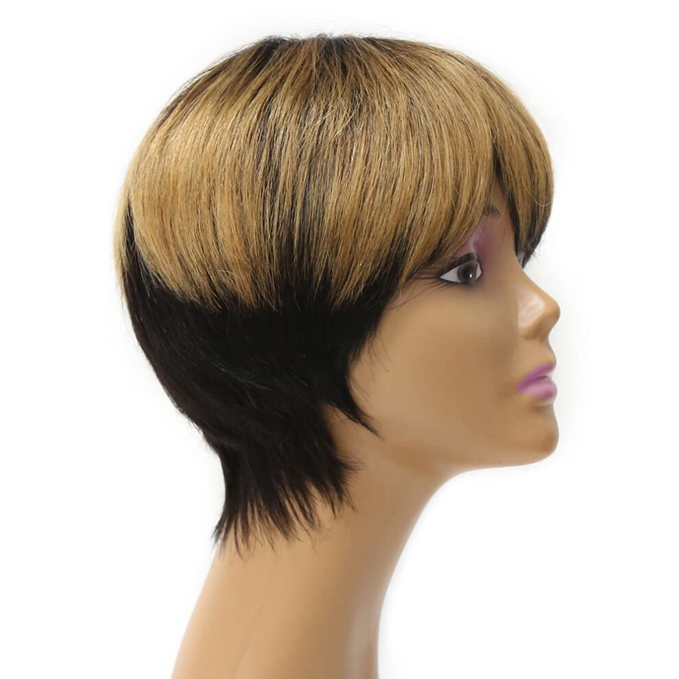 Unisex Black Human Hair Pixie Cut Wig 6 Inch Honey Blonde Ombre Short Glueless Wig With Bangs 130% Density