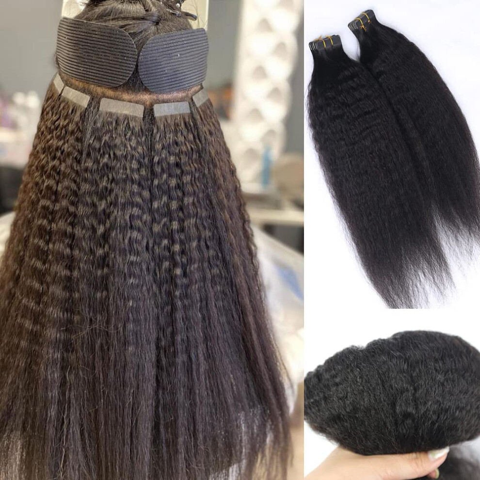 Unisex 14 Inch Kinky Straight Tape In Human Hair Extensions Natural Color Brazilian Remy Reusable Invisible Tape