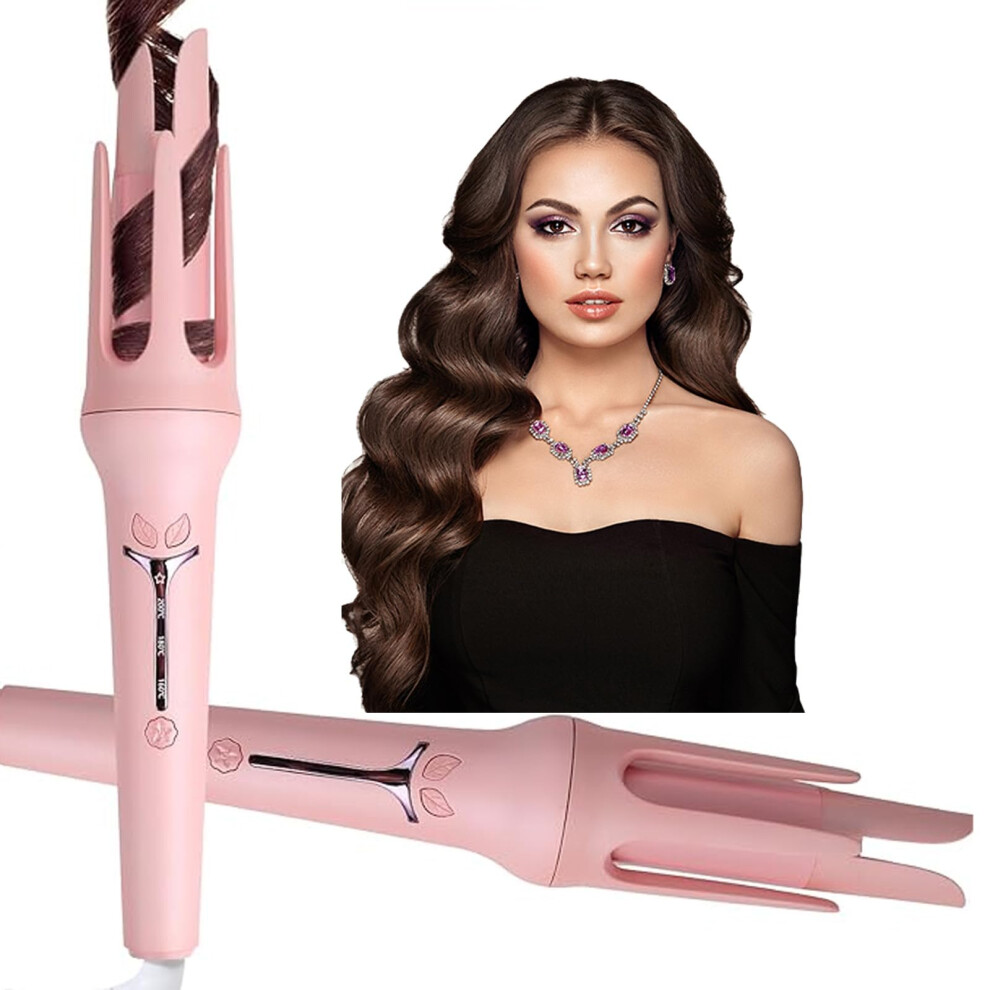 Pink Automatic Curling Iron 1.25 Inch Ceramic Rotating Hair Curler Fast Heating Antitangle Adjustable Temperature With Lcd Display