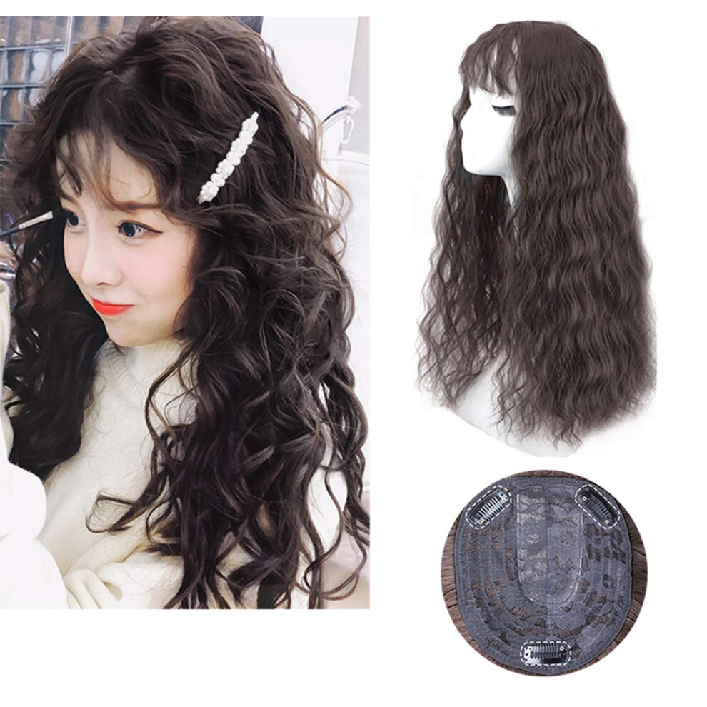 Unisex Black,Brown Hair Topper For Thinning Hair With Bangs, 55Cm Synthetic Wavy Clip In Hairpiece Black Brown