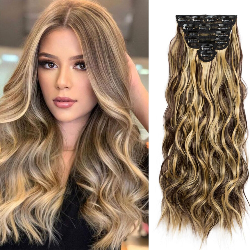 Unisex Brown Clip In Hair Extensions Long Wavy Mix Blonde 22 Inch Synthetic Hairpieces For Women