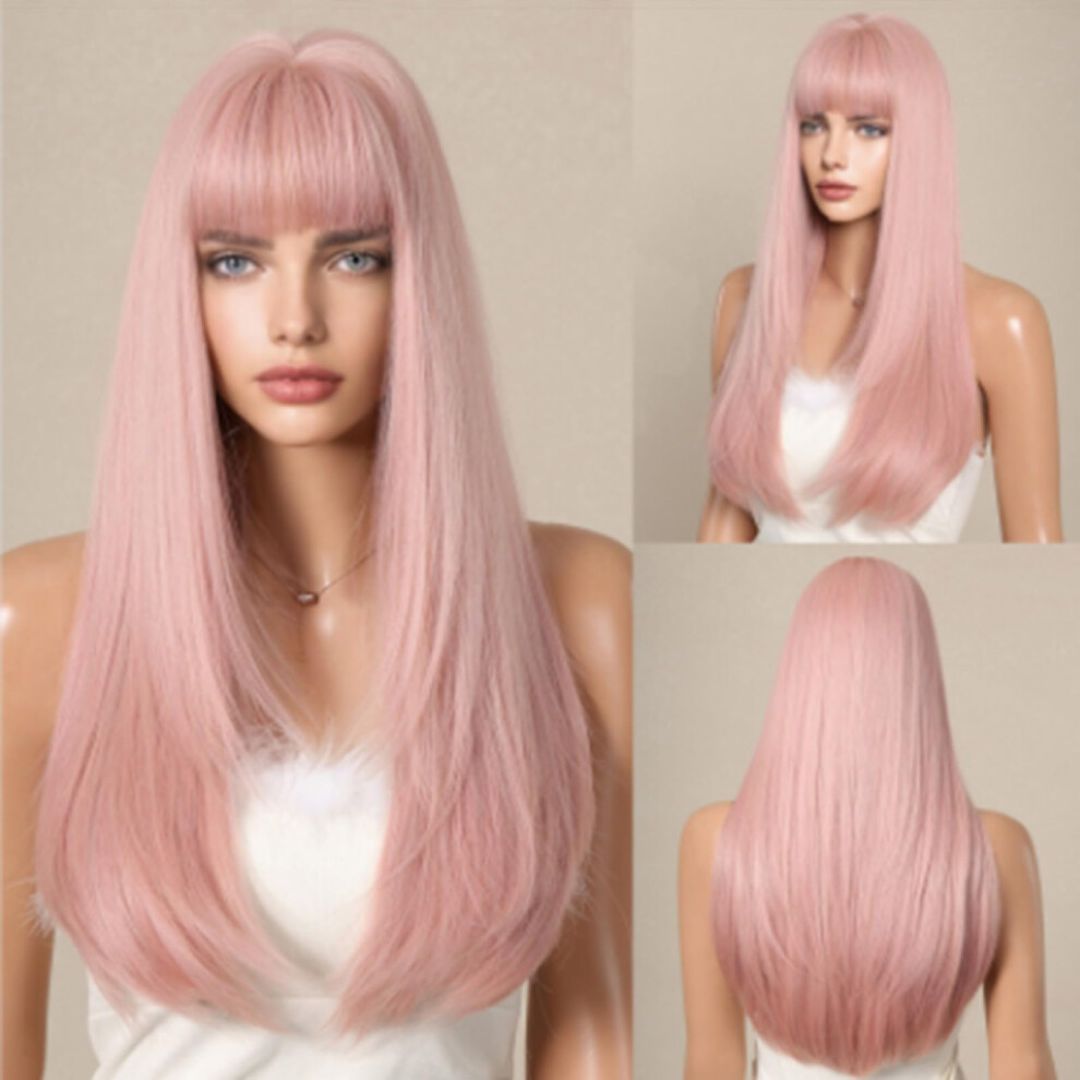 Unisex Pink,Brown Long Curly Lace Front Wig With Brown Highlights, Glueless Virgin Hair, Pink One Size