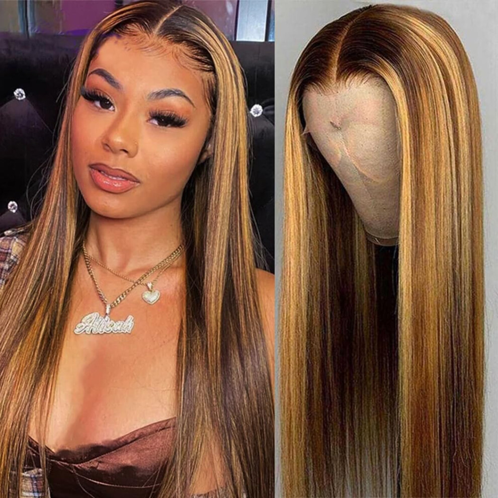 Unisex Black Honey Blonde Lace Front Wig 13X4 Hd Synthetic Preplucked Long Straight Glueless 26 Inch For Women