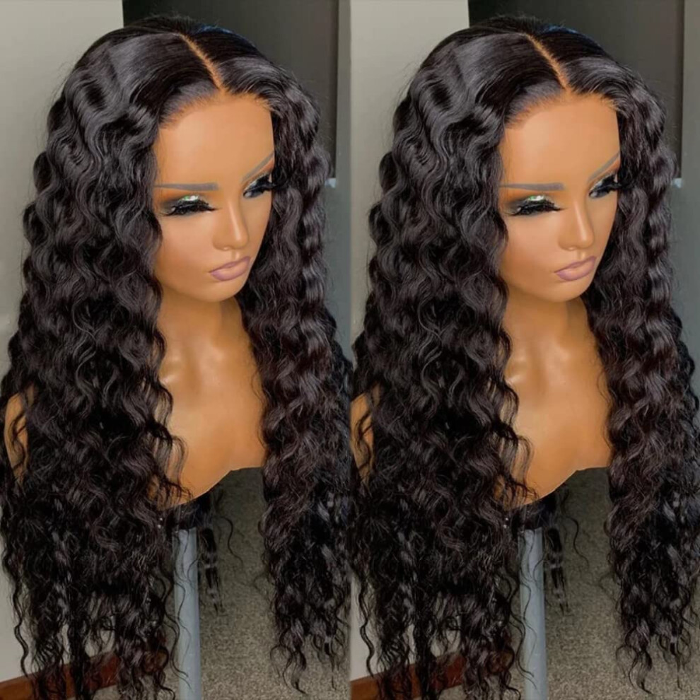 Unisex Black 13X4 Hd Transparent Lace Front Wig For Women, Glueless Brazilian Deep Wave Human Hair, Preplucked Natural Hairline