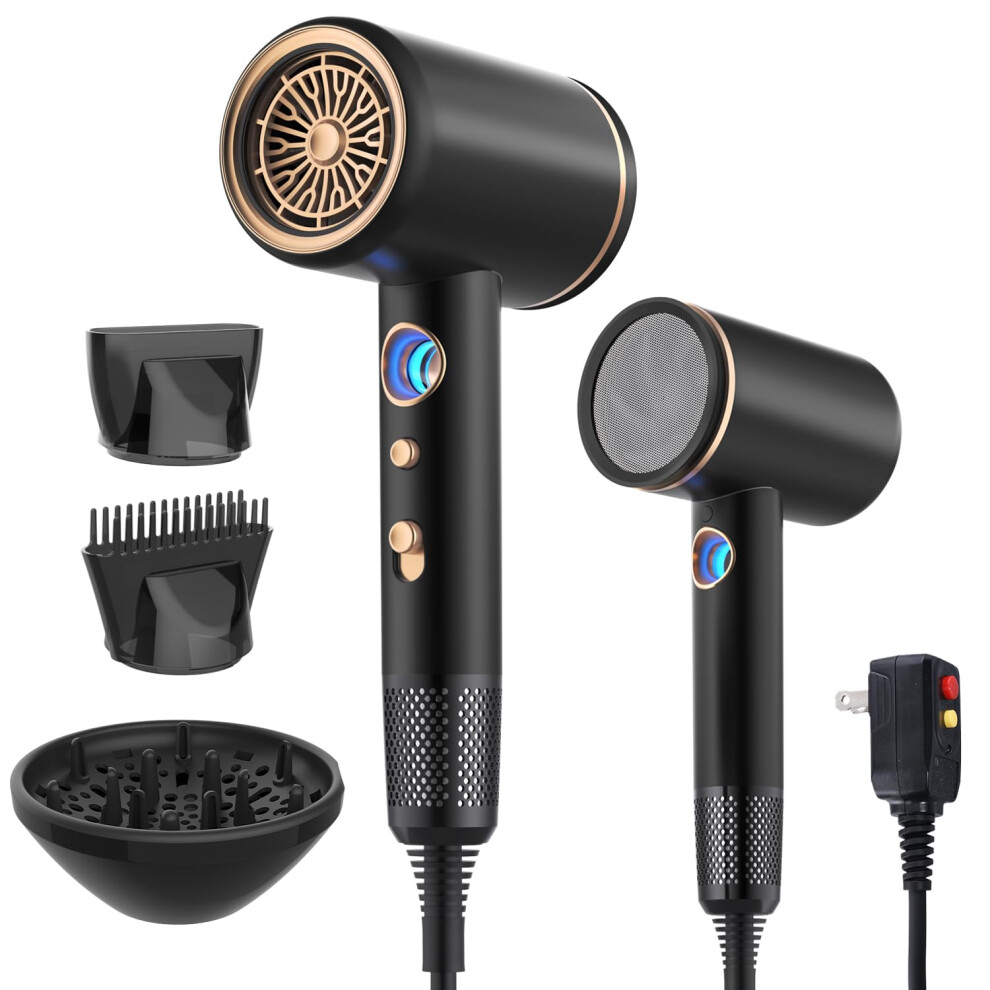 Black Professional Hair Dryer 1875W Speed Ionic Blow Dryer With Diffuser Led Temp Control