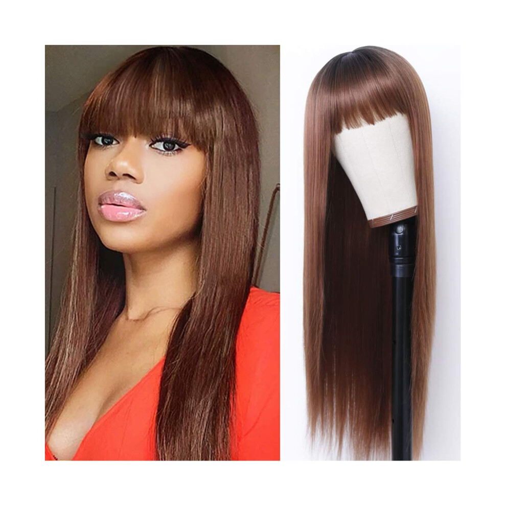 24 Inch Long Straight Remy Hair Wig Natural Light Brown Heat Styling Friendly 150% Density
