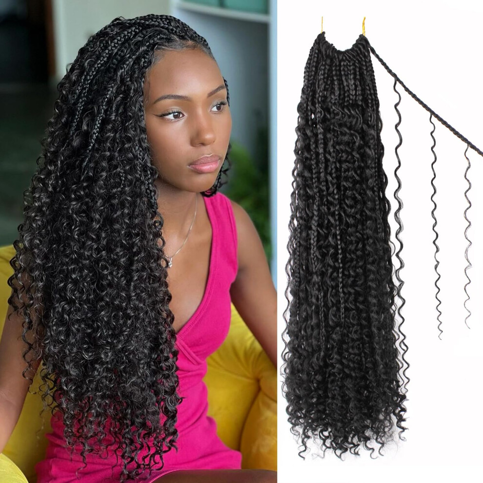 Unisex Boho Crochet Braids With Human Hair Curls 18 Inch Prelooped Goddess Box Braids For Women 7 Packs 1B